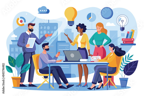 A team of four diverse individuals works on a project in an office setting. They are discussing ideas and data while using a laptop and other materials.