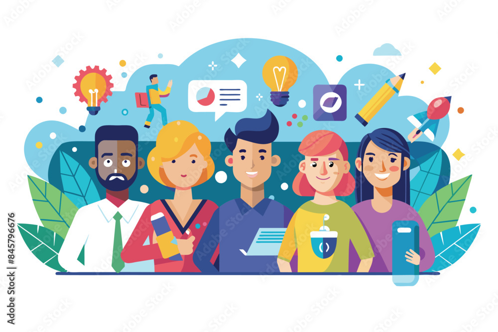 A team of diverse professionals collaborating on innovative ideas, represented by various icons and symbols. A team of diverse professionals collaborating on innovative ideas, represented by various icons and symbols.