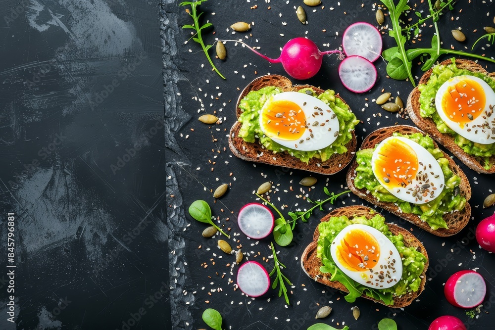 Avocado guacamole toast with radish egg chia and pumpkin seeds Healthy plant based breakfast Delicious Flat lay view Avocado guacamole toast with radish egg chia and pumpkin seeds Healthy plant based breakfast Delicious Flat lay view