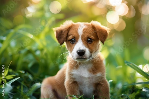adorable brown and white puppy sitting in lush green grass field cute animal portrait photo