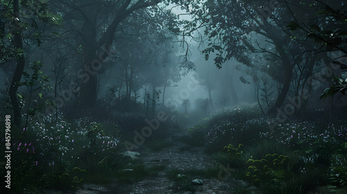 Mystical misty forest at night