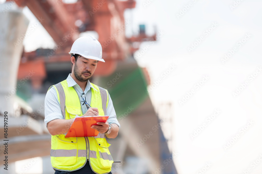 An Asian male engineer works at a motorway bridge construction site,Civil worker inspecting work on crossing construction,Supervisor working at high-speed railway construction site An Asian male engineer works at a motorway bridge construction site,Civil worker inspecting work on crossing construction,Supervisor working at high-speed railway construction site