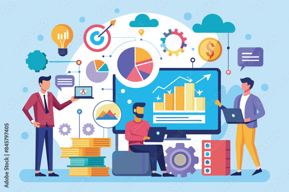 Three business professionals collaborate and analyze financial data and trends on computer screens. The image depicts a dynamic and collaborative work environment. Three business professionals collaborate and analyze financial data and trends on computer screens. The image depicts a dynamic and collaborative work environment.