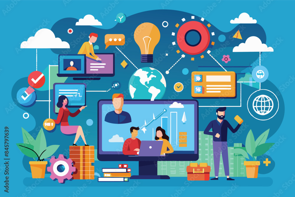 Illustration of a business team working together on a global project using technology. People are using computers, smartphones, and collaborating online. Illustration of a business team working together on a global project using technology. People are using computers, smartphones, and collaborating online.