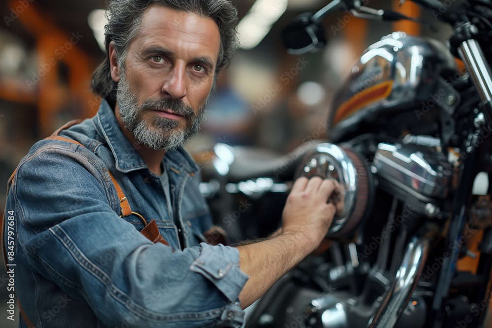 Experienced mechanic polishing motorcycle chrome Experienced mechanic polishing motorcycle chrome