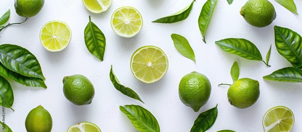 Lime fruits with slices and green leaves on a white background, captured from above in a flat lay composition. Lime fruits with slices and green leaves on a white background, captured from above in a flat lay composition.