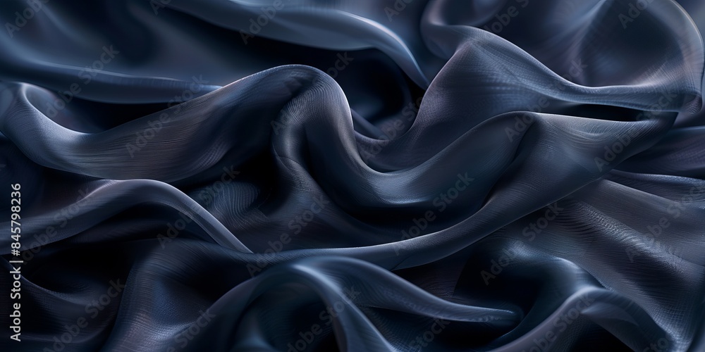 black silk fabric with many folds and bends, a feeling of fluidity and smoothness. Close-up black silk fabric with many folds and bends, a feeling of fluidity and smoothness. Close-up