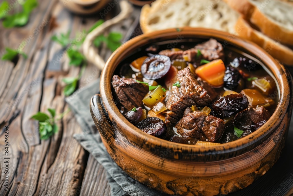 Beef stew with prunes veggies and bread on a wooden table Beef stew with prunes veggies and bread on a wooden table