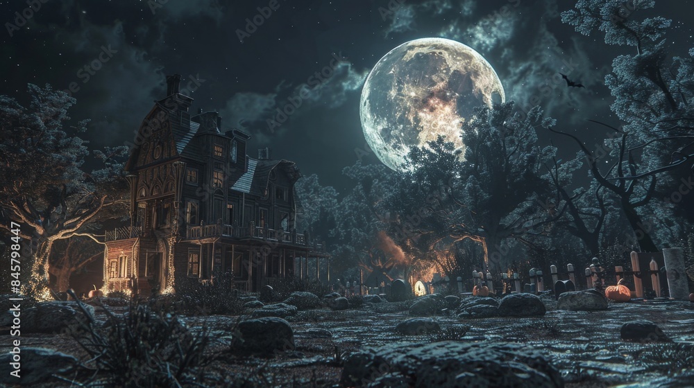 Haunted House Under Full Moon with Spooky Atmosphere - Generative AI Haunted House Under Full Moon with Spooky Atmosphere - Generative AI