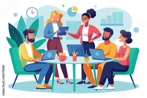 An illustration depicting a diverse team of coworkers collaborating around a table in a modern office setting.