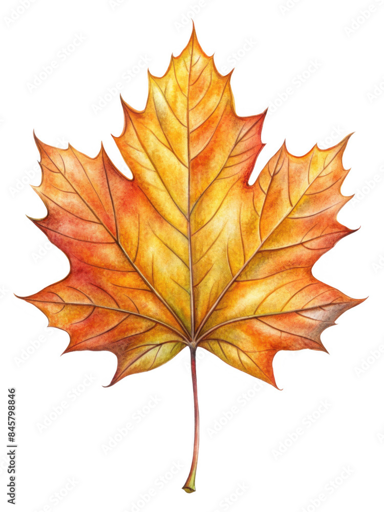 Fototapeta premium Autumn Maple Leaf Illustration depicting a detailed watercolor painting of a colorful fall maple leaf, isolated on transparent background, png.