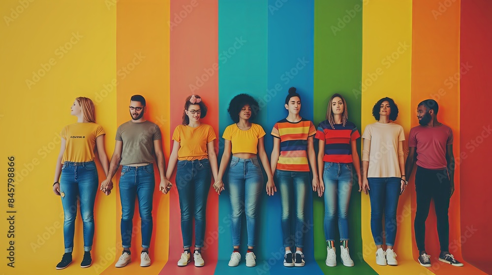 Obraz premium Diverse people holding hands on rainbow wall lgbtq pride solidarity human equality inclusion unity
