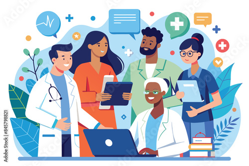 A diverse group of healthcare professionals collaborates, using a laptop and tablets in a modern office setting.