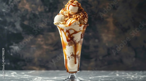 Alted caramel and vanilla ice cream sundae in tall glass with toffee sauce photo