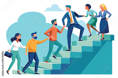An illustration of a diverse team of people climbing stairs together, helping each other up, symbolizing teamwork, collaboration, and shared success.