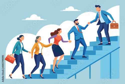A group of businesspeople are climbing stairs together, helping each other along the way.