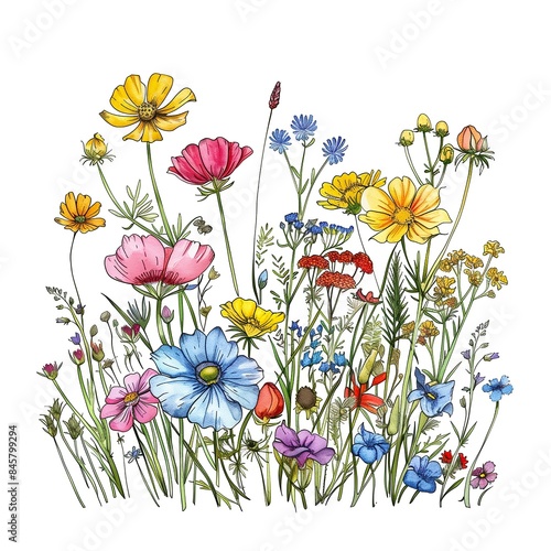 Beautiful wildflowers drawing on a white background