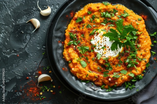 Carrot tarator appetizer with yogurt and garlic in a black plate Turkish style