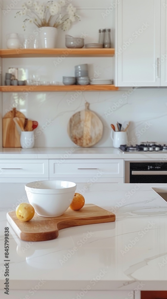 Bowl on a cutting board on a kitchen counter, clean kitchen counter Bowl on a cutting board on a kitchen counter, clean kitchen counter