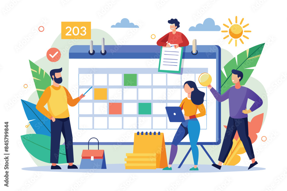 A team of four people collaborate around a large calendar to plan and schedule tasks and projects for the year 2023. A team of four people collaborate around a large calendar to plan and schedule tasks and projects for the year 2023.