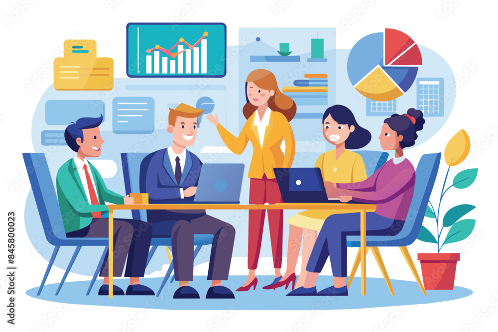 A diverse team of business professionals work together, analyzing charts and data on their laptops during a productive meeting. A diverse team of business professionals work together, analyzing charts and data on their laptops during a productive meeting.