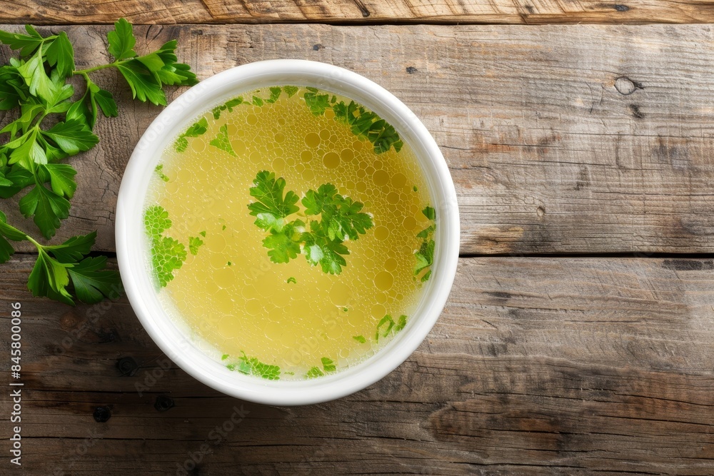 Chicken bouillon with green parsley in a white bowl top view on wooden background Chicken bouillon with green parsley in a white bowl top view on wooden background