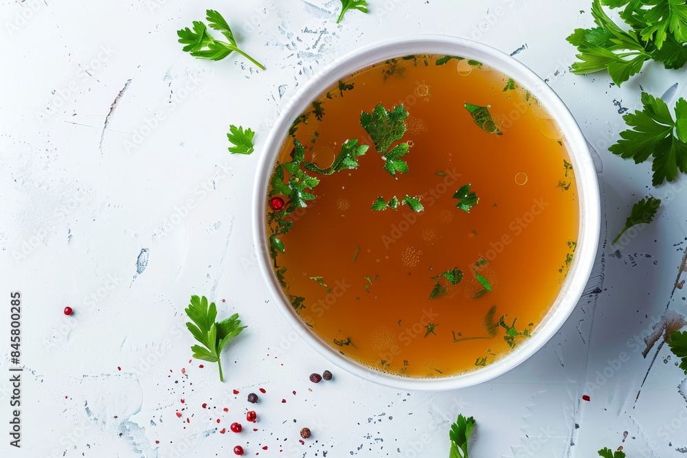 Chicken broth with seasoning and vegetables in a white bowl on a white table with room for text Close up shot
