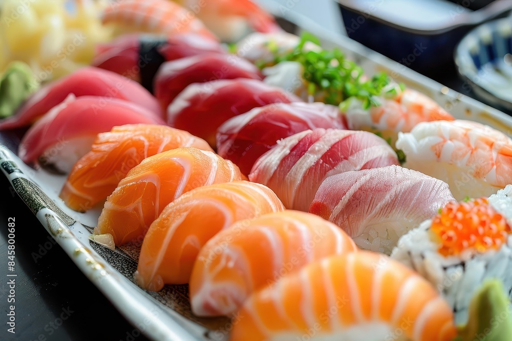 assorted fresh sushi platter with salmon tuna and shrimp nigiri modern japanese luxury restaurant cuisine assorted fresh sushi platter with salmon tuna and shrimp nigiri modern japanese luxury restaurant cuisine