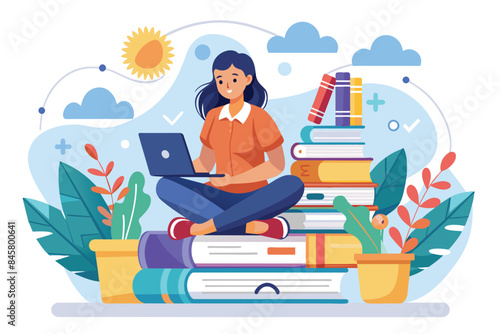 A young woman sits on a large stack of books while using her laptop computer. Shes sitting outdoors on a sunny day surrounded by foliage.