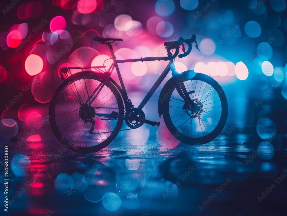 Bicycle in mysterious, high-contrast night scene with cool tones, captured with telephoto lens. Bicycle in mysterious, high-contrast night scene with cool tones, captured with telephoto lens.
