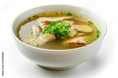 Chicken soup in white bowl on white background