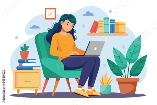 A woman sits in a comfortable armchair in her home office, working on a laptop. She is surrounded by books, plants, and a cozy atmosphere.