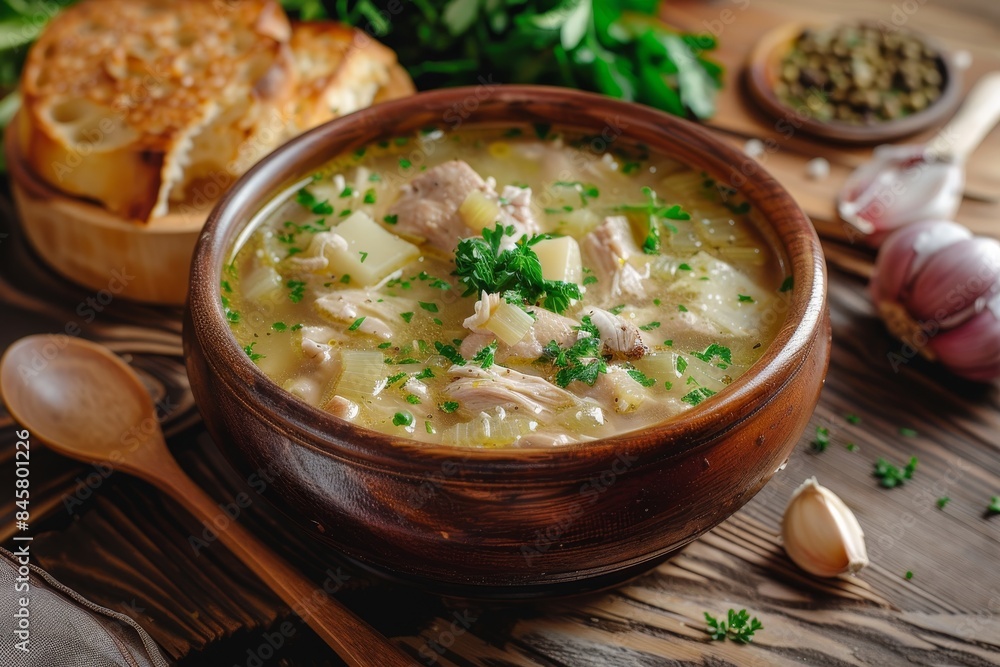 Chicken soup with bread and garlic on wooden surface Chicken soup with bread and garlic on wooden surface