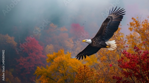 A bald eagle flying in sky in wild in Autumn. photo