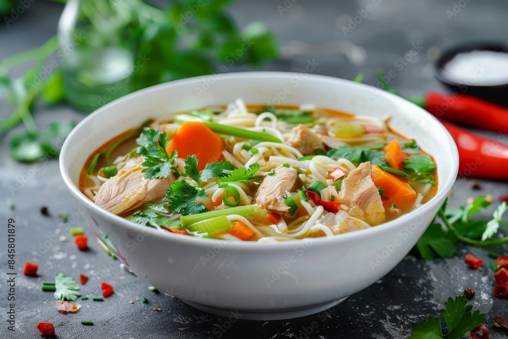 Chicken soup with noodles and veggies in a white dish Chicken soup with noodles and veggies in a white dish