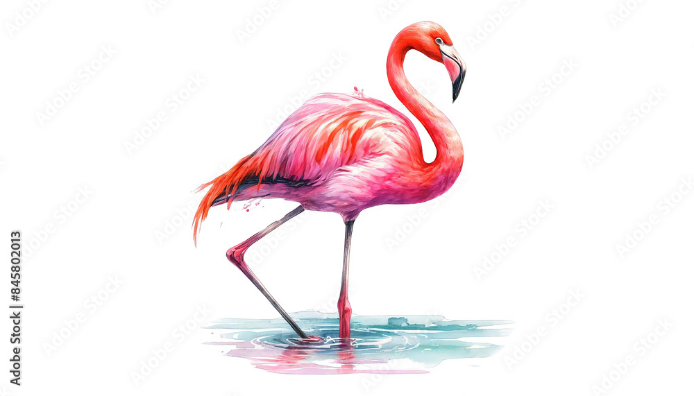 Fototapeta premium Watercolor Flamingo Standing in Water Isolated on White Background, Png File