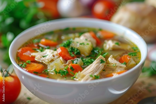 Chicken soup with vegetables served in a white bowl