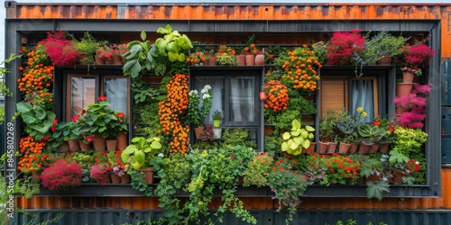 The building is adorned with numerous potted plants and vibrant flowers