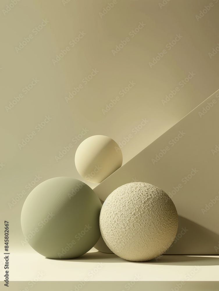 Minimalist composition: abstract olive green, beige shapes on white background. 3D render, realistic lighting. Minimalist composition: abstract olive green, beige shapes on white background. 3D render, realistic lighting.