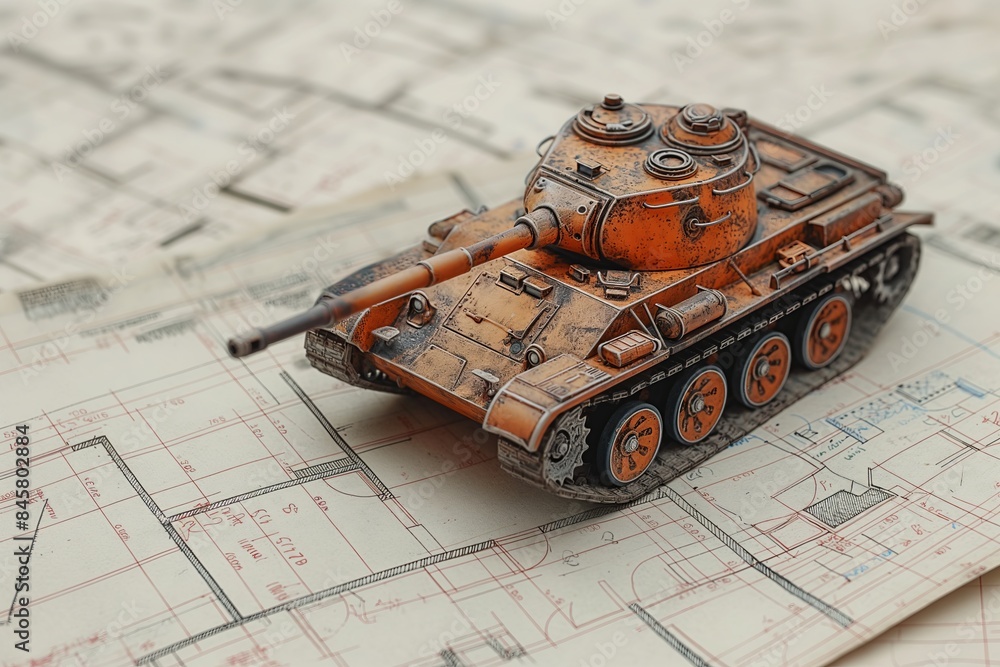 Naklejka premium Small orange tank model on schematic plans