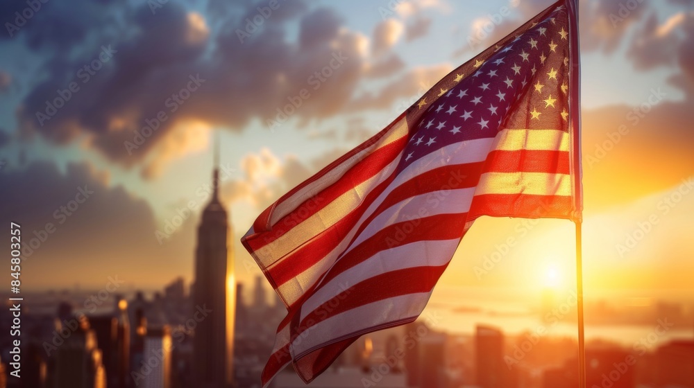 Obraz premium US national flag and New York City skyline at sunset.