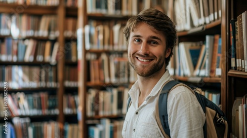 Handsome Smile student man with backpack and books in library, education, university, cheerful, college, happy, standing, school, backpack, attractive, enjoyment, confidence