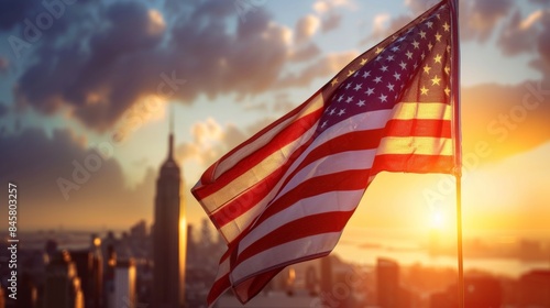US national flag and New York City skyline at sunset.