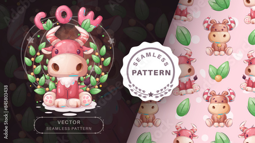 Seamless pattern cartoon character adorable cow, pretty animal idea for print t-shirt, poster and kids envelope, postcard. Cute hand drawn style ox