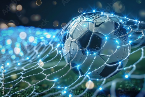 Close-up of a soccer ball in a net with blue light effects on grass at night symbolizing technology in sports photo