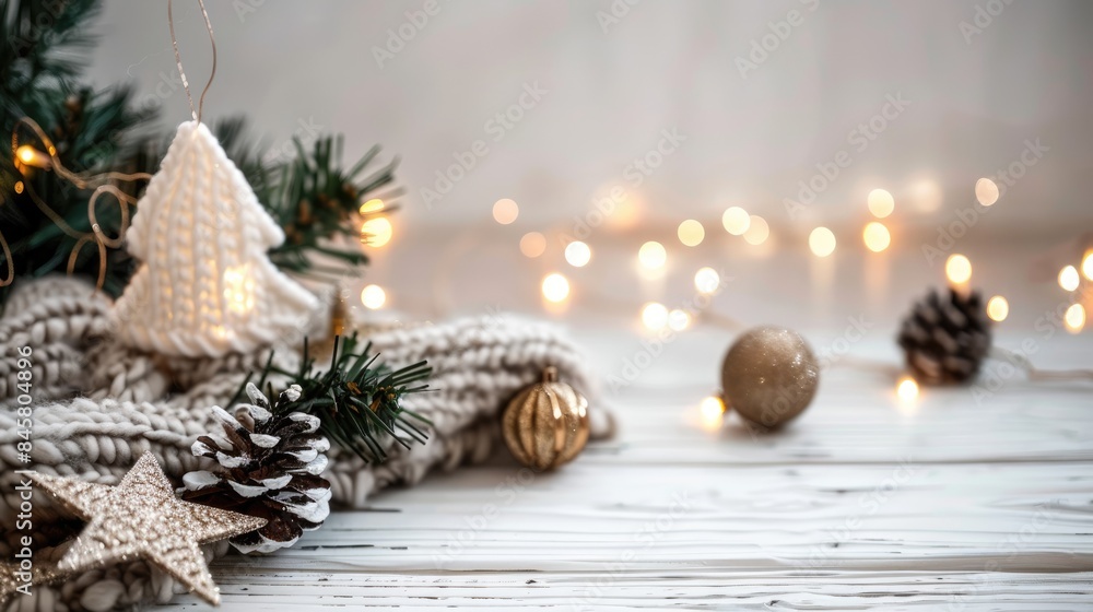 Festive Holiday Scene with Ornamental Decor and Fairy Lights on White Wooden Surface Festive Holiday Scene with Ornamental Decor and Fairy Lights on White Wooden Surface