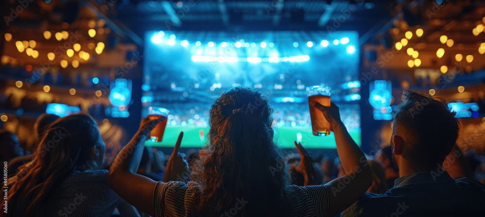 Fototapeta premium Cheering Fans Watching Soccer on Big Screen TV