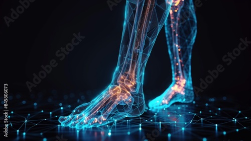 Fototapeta Naklejka Na Ścianę i Meble -  Glowing hologram of human feet 3D with bone structure with dark background.