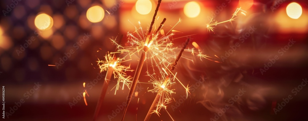 Fototapeta premium Close up of sparklers with blurred American flag in the background, banner design with white background, copy space for text Generative AI