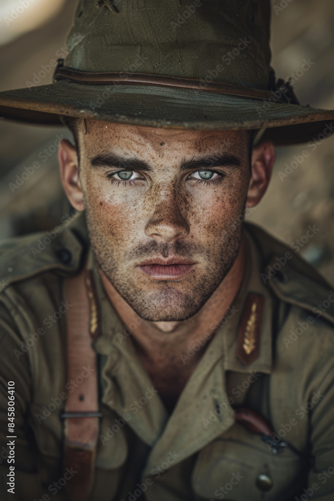 Australian WWI Soldier with Determined Gaze Australian WWI Soldier with Determined Gaze